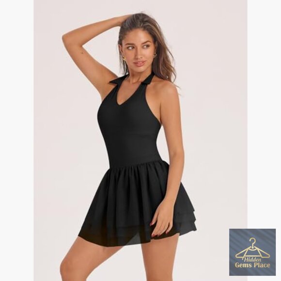 Women's Halter Backless Tennis Dress with Built-in Bra & Shorts - Picture 3 of 6